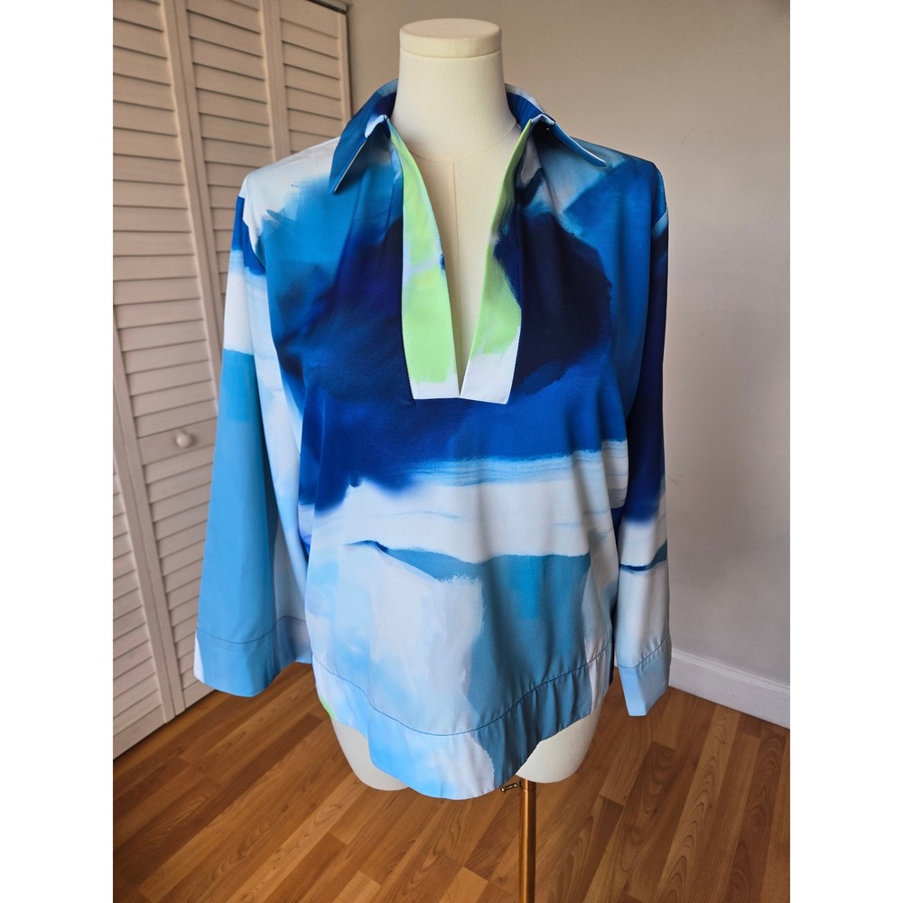 Nelblu Corola Fontana Abstract Watercolor Blue Green Tunic Top M Coastal Resort